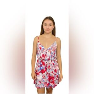 Lush Watercolor Skater Faux Wrap Dress Sz M